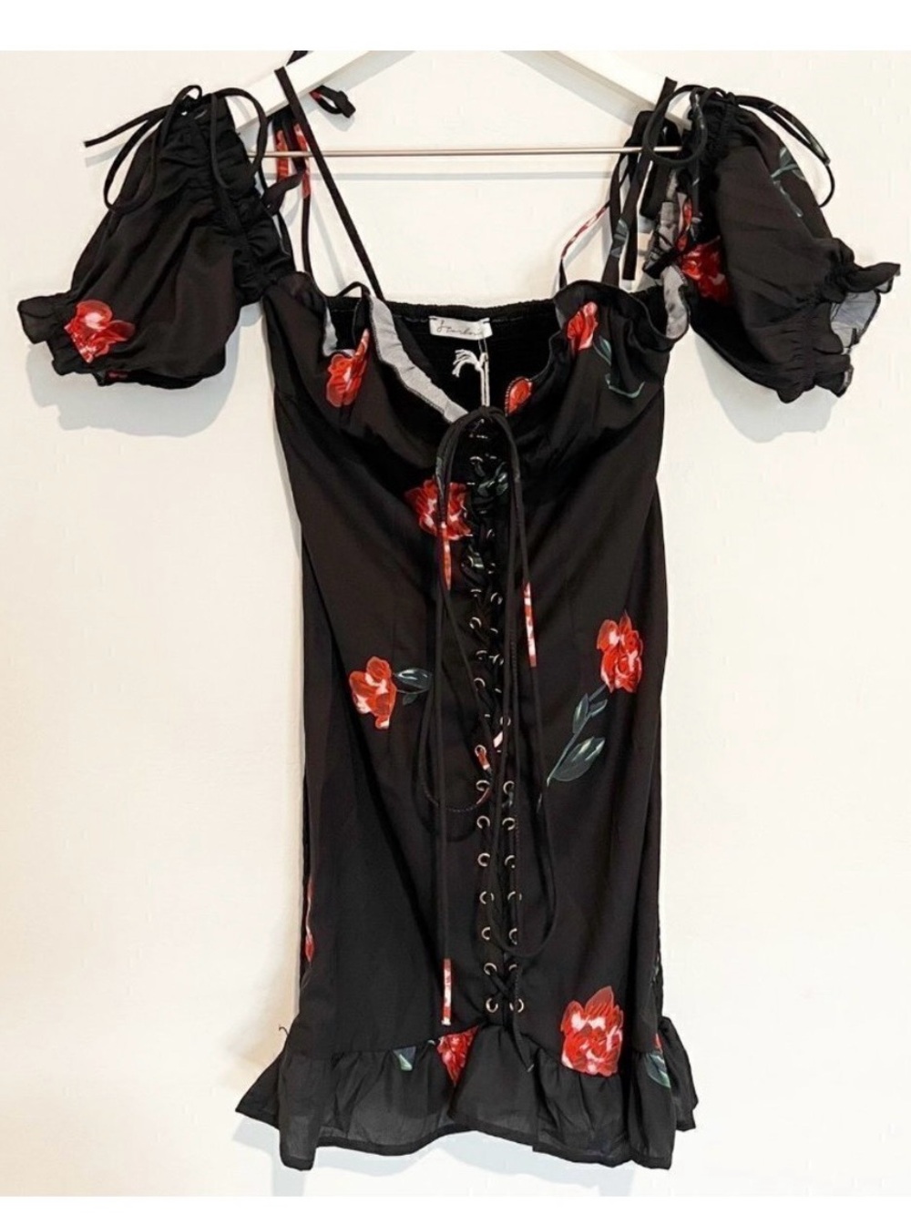 Starlow Senorita Dress Size XS Black Floral Smocked Milkmaid Mini Dark Coquette